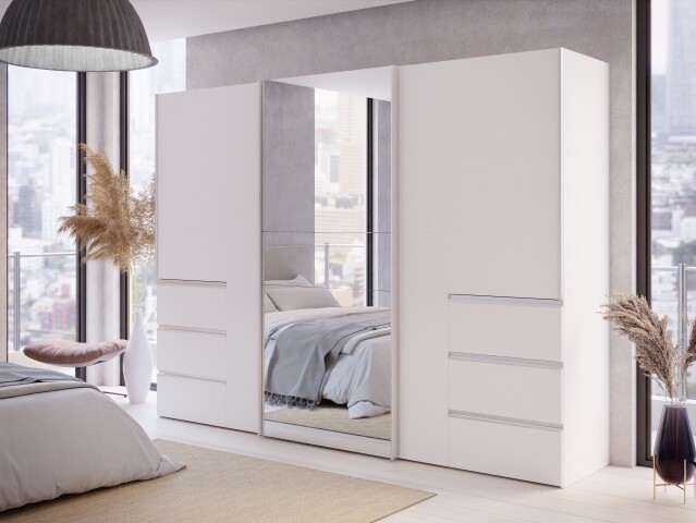 Schiebetürenschrank >WINN 2< in Weiss / Spiegel - 269,7x200,5x61cm (BxHxT)