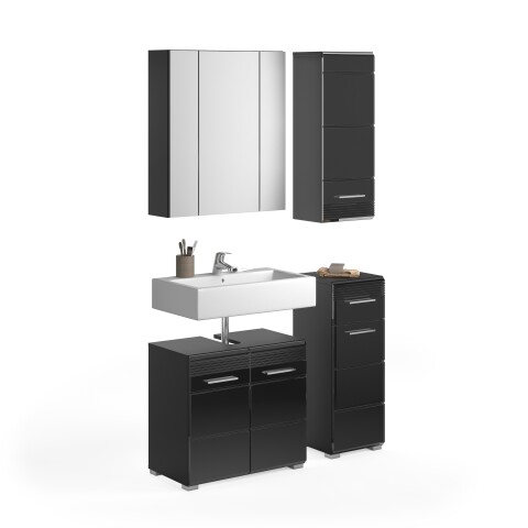 Badezimmer-Set >Linus< in Schwarz Hochglanz - 105x182x34cm (BxHxT)