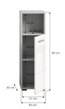Hochschrank >Copa< in Hellgrau / Weiß Hochglanz - 30x95x30cm (BxHxT)