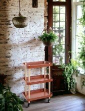 Servierwagen >54419< in natur, rot, Massivholz, Metall - 50x76x30cm (BxHxT)