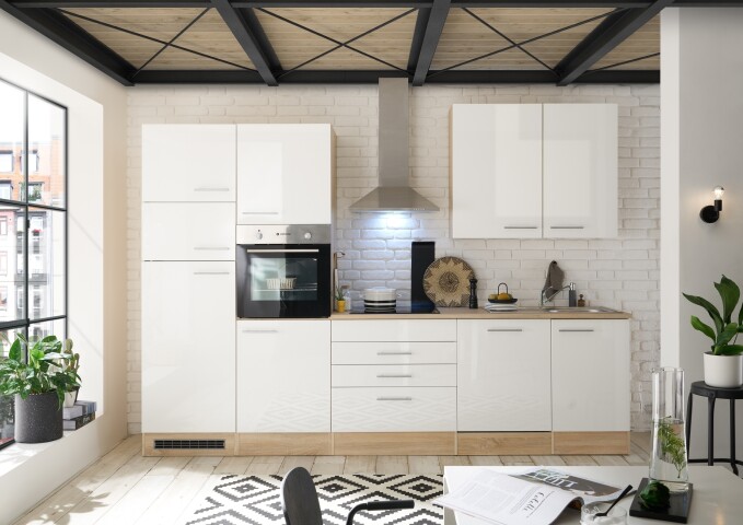 Küchenzeile >Laurel< in Weiß Hochglanz-Eiche Sonoma Dekor - 310x211x60 (BxHxT)