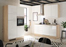 Küchenzeile >Laurel< in Weiß Hochglanz-Eiche Sonoma Dekor - 310x211x60 (BxHxT)