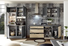 Küchenzeile >Troja  < in Chromix Anthrazit / Artisan Eiche - 335x90x60cm (BxHxT)