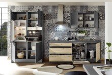 Küchenzeile >Troja  < in Chromix Anthrazit / Artisan Eiche - 335x90x60cm (BxHxT)