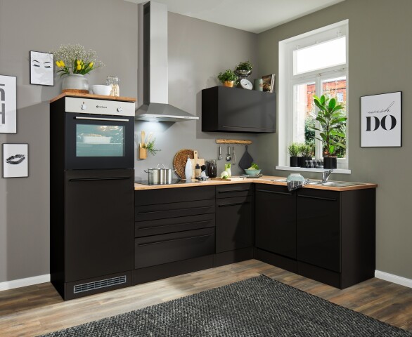 Winkelküche >Jazz< schwarz matt / Lanzelot Eiche Dekor - 260x200x60 (BxHxT)