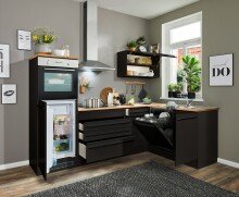 Winkelküche >Jazz< schwarz matt / Lanzelot Eiche Dekor - 260x200x60 (BxHxT)