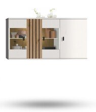 Hängevitrine >BARLET< in Weiss/Lamellen Artisan Eiche Dekor - B/H/T 110 x 57,4 x 37,5cm