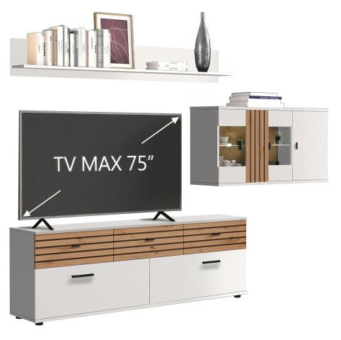 Wohnzimmer-Set >BARLET< in Weiss/ Lamellen Artisan Eiche Dekor - B/H/T 253 x 175 x 38cm