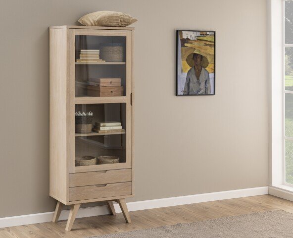 Standvitrine >A-Line< in Eiche weiss pigmentiert - 72x190x42cm (BxHxT)