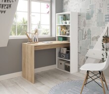 Multifunktionaler Regal-Schreibtisch >Duplo< in Kanada-Eiche/Artik-Weiß – 120x144x53 cm (BxHxT), Flexible Stauraumlösung, 5 Fächer, Made in Spain, Bodenschonende Möbelgleiter, Einfacher Aufbau