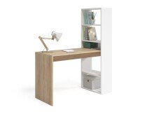 Multifunktionaler Regal-Schreibtisch >Duplo< in Kanada-Eiche/Artik-Weiß – 120x144x53 cm (BxHxT), Flexible Stauraumlösung, 5 Fächer, Made in Spain, Bodenschonende Möbelgleiter, Einfacher Aufbau