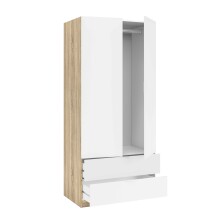 Moderner Kleiderschrank >LC-180< in Kanada-Eiche/Artik-Weiß – 81,5x180x52 cm (BxHxT), Melaminbeschichtet, Kratzfest, Made in Spain, mit 2 Drehtüren und 2 Schubladen auf Metallschienen, Einfache Montage