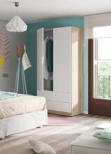 Moderner Kleiderschrank >LC-180< in Kanada-Eiche/Artik-Weiß – 81,5x180x52 cm (BxHxT), Melaminbeschichtet, Kratzfest, Made in Spain, mit 2 Drehtüren und 2 Schubladen auf Metallschienen, Einfache Montage