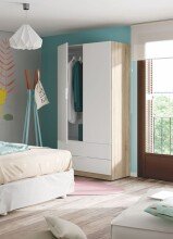 Moderner Kleiderschrank >LC-180< in Kanada-Eiche/Artik-Weiß – 81,5x180x52 cm (BxHxT), Melaminbeschichtet, Kratzfest, Made in Spain, mit 2 Drehtüren und 2 Schubladen auf Metallschienen, Einfache Montage