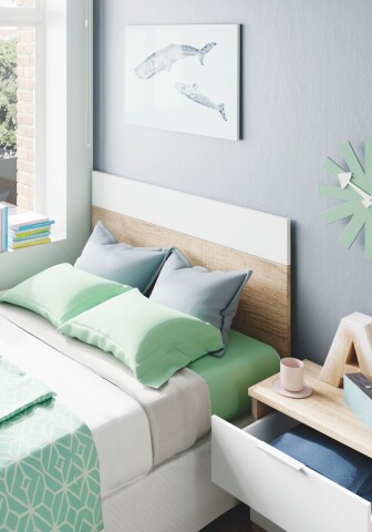 Kopfteil >Luca< mit Nachttisch in Kanada-Eiche/Artik-Weiß – 150x95x38 cm (BxHxT), Robuste Melaminbeschichtung, Made in Spain, Wandmontage, mit 2 Schubladen B50xH45xT38cm, Moderne Aluminiumgriffe, Einfache Montage