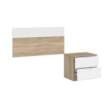 Kopfteil >Luca< mit Nachttisch in Kanada-Eiche/Artik-Weiß – 150x95x38 cm (BxHxT), Robuste Melaminbeschichtung, Made in Spain, Wandmontage, mit 2 Schubladen B50xH45xT38cm, Moderne Aluminiumgriffe, Einfache Montage