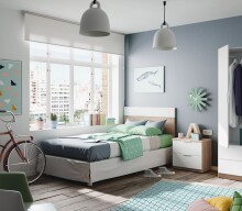 Kopfteil >Luca< mit Nachttisch in Kanada-Eiche/Artik-Weiß – 150x95x38 cm (BxHxT), Robuste Melaminbeschichtung, Made in Spain, Wandmontage, mit 2 Schubladen B50xH45xT38cm, Moderne Aluminiumgriffe, Einfache Montage