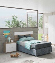 Kopfteil >Luca< mit Nachttisch in Kanada-Eiche/Artik-Weiß – 150x95x38 cm (BxHxT), Robuste Melaminbeschichtung, Made in Spain, Wandmontage, mit 2 Schubladen B50xH45xT38cm, Moderne Aluminiumgriffe, Einfache Montage