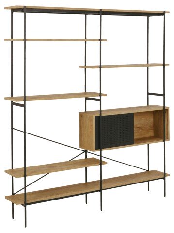 Standregal >Angus< in Wildeiche, schwarz, MDF, Stahl - 172x188x27cm (BxHxT)