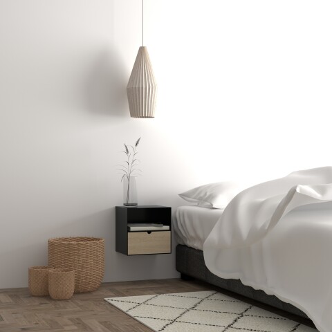 Nachtkommode >Joliet< in schwarz, Stahl, Bambus - 30x30x25cm (BxHxT)