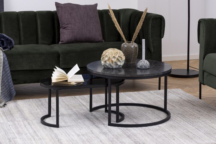 Satztisch >Spiro< (2-teilig) in schwarz, Glas, MDF, Stahl - 70x42x70cm (BxHxT)