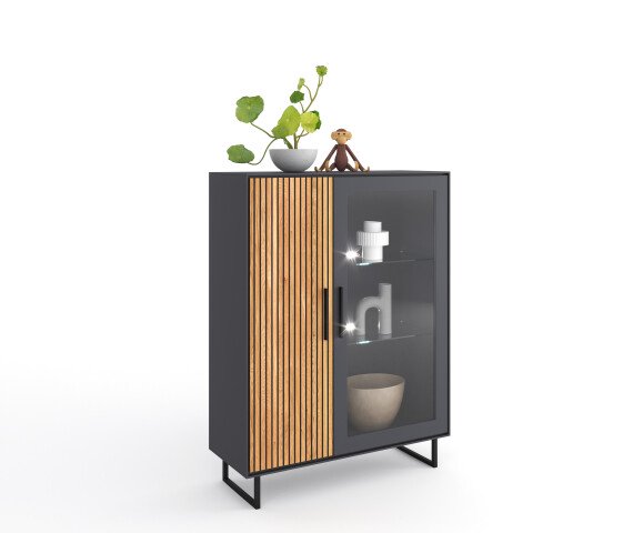 Vitrine >Joe< in Eiche / anthrazit, Eiche teilmassiv - 102x147x40cm (BxHxT)