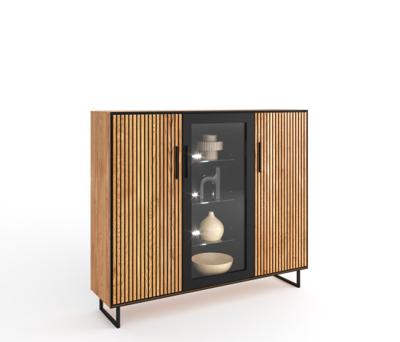 Highboard >Eddie< in Eiche / schwarz, Eiche teilmassiv - 146x147x40cm (BxHxT)