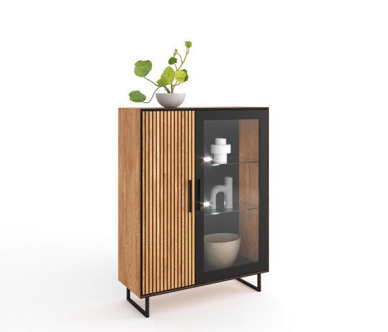 Vitrine >Eddie< in Eiche / schwarz, Eiche teilmassiv - 102x147x40cm (BxHxT)