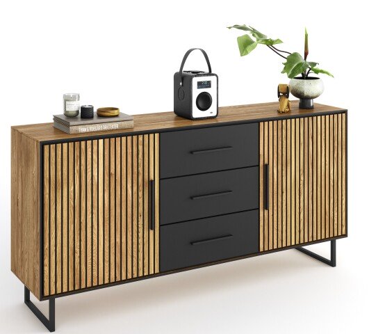 Kommode >Eddie< in Eiche / schwarz, Eiche teilmassiv - 163x84x40cm (BxHxT)