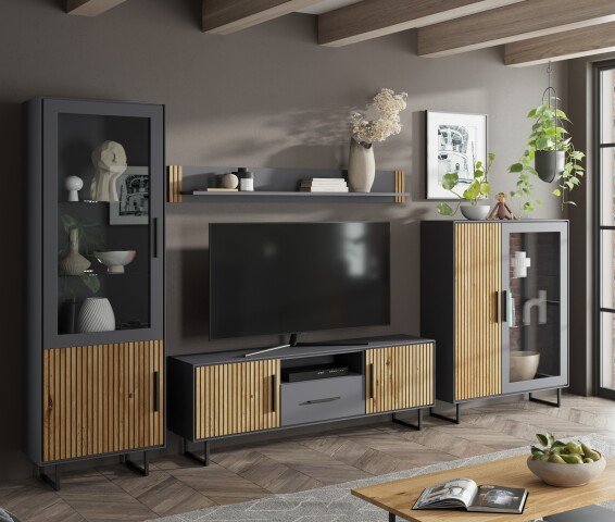 Wohnwand >Joe< (4-teilig) in Eiche / anthrazit - 341x197x40 (BxHxT)