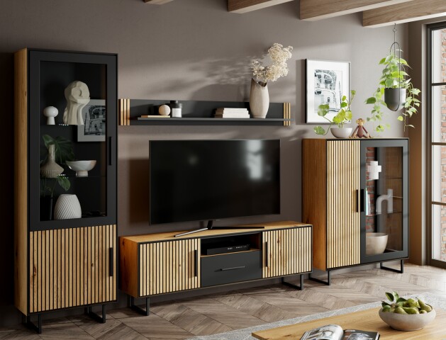 Wohnwand >Eddie< (4-teilig) in Eiche / schwarz - 341x197x40 (BxHxT)