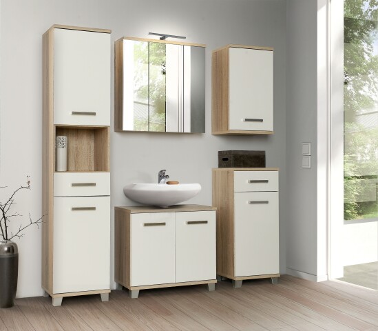 Badezimmer-Set >Aggi< (5-teilig) in Sonoma Eiche Dekor / Hochglanz weiss