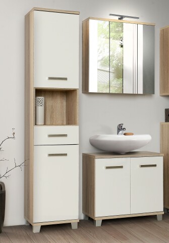 Badezimmer-Set >Aggi< (3-teilig) in Sonoma Eiche Dekor / Hochglanz weiss