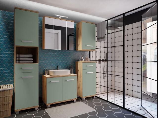 Badezimmer-Set >Veris< (5-teilig) in Artisan Eiche Dekor / salbei, Holzwerkstoff