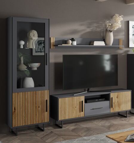 Wohnwand >Joe< (3-teilig) in Eiche / anthrazit - 239x197x40 (BxHxT)