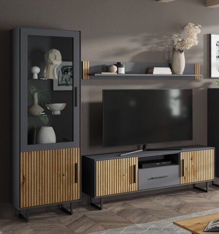 Wohnwand >Joe< (3-teilig) in Eiche / anthrazit - 239x197x40 (BxHxT)