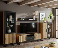 Wohnwand >Eddie< (3-teilig) in Eiche / schwarz - 239x197x40 (BxHxT)