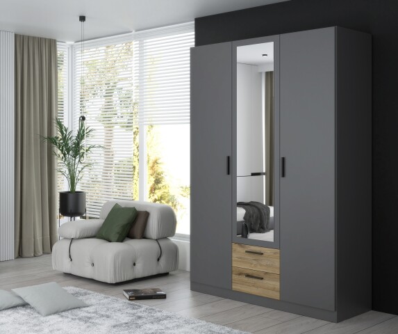 Kleiderschrank >TROYANDA< in Grau / Eiche Dekor - 135,6x210,5x54,5cm (BxHxT)