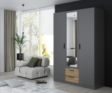 Kleiderschrank >TROYANDA< in Grau / Eiche Dekor -...
