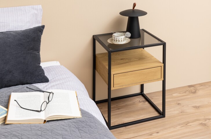 Nachttisch >Randolf< in Wildeiche; schawrz, Glas, Stahl, MDF - 40x60x35 (BxHxT)