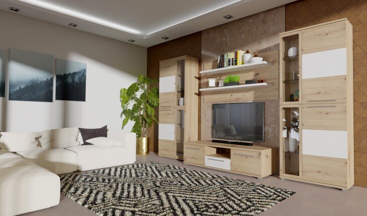 Wohnwand >ALLISTER< in Weiss  / Artisan Eiche - 334x199,6x55cm (BxHxT)