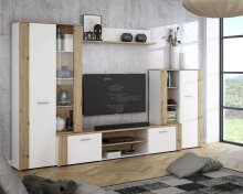 Wohnwand >BIG BANG< in Weiss  / Artisan Eiche -...