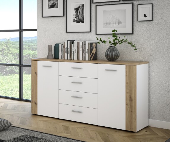 Sideboard >BIG BANG< in Weiss / Artisan Eiche - 159,6x82,4x41,6cm (BxHxT)