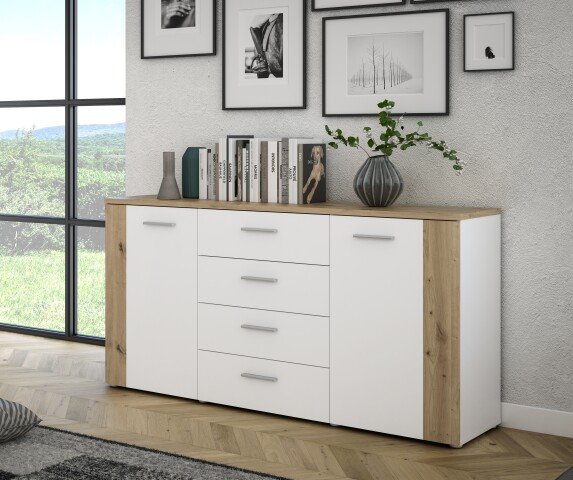 Sideboard >BIG BANG< in Weiss / Artisan Eiche - 159,6x82,4x41,6cm (BxHxT)