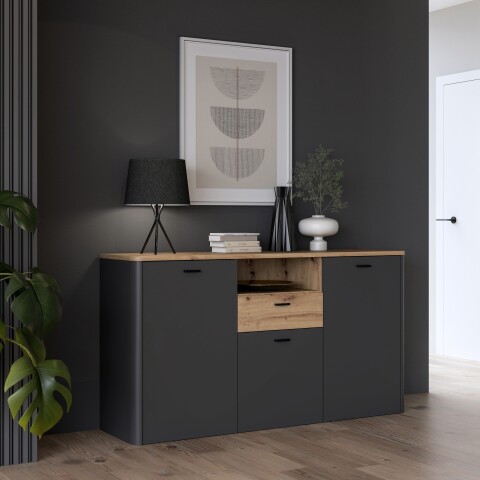 Sideboard >LEOKADIA< in Artisan Eiche Dekor / grau - 157,9x86,3x41,4cm (B/H/T)