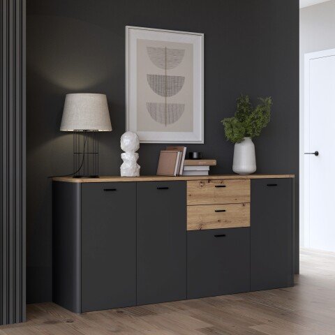 Sideboard >LEOKADIA< in Artisan Eiche Dekor / grau - 182,6x86,3x41,4cm (B/H/T)