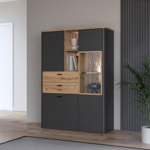 Highboard >LEOKADIA< in Artisan Eiche Dekor / grau - 113,2x159,8x41,4 (BxHxT)