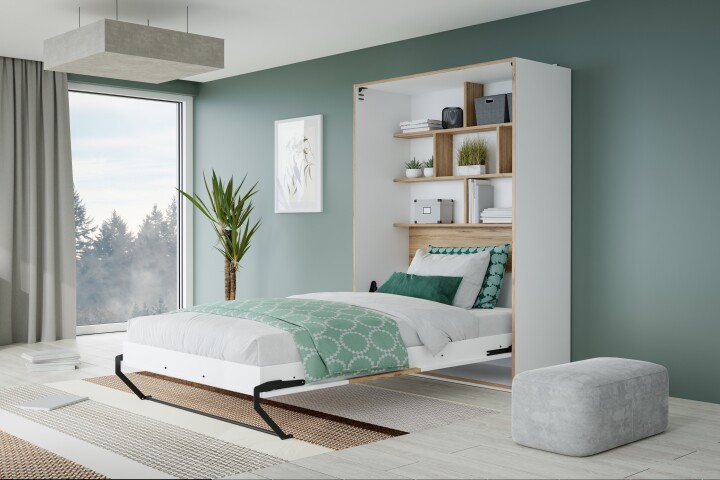Schrankbett >SMARTROOM< in Weiss/ Catania Eiche Dekor - 137,4x215x57,4cm (BxHxT)