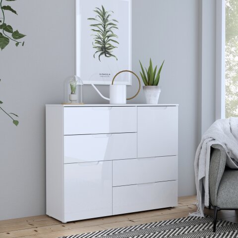 Kommode >SIENNA< in weißglanz Dekorfolie - 115,1x94,5x34,4cm (BxHxT)