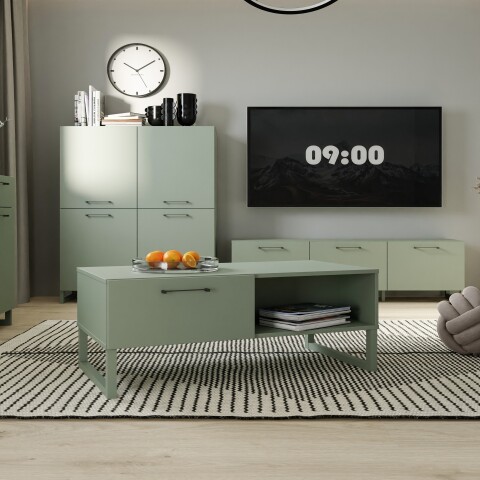 Couchtisch >SILBA< in Salbei (grün) mit Schublade - 110x44,4x57,2cm (BxHxT)